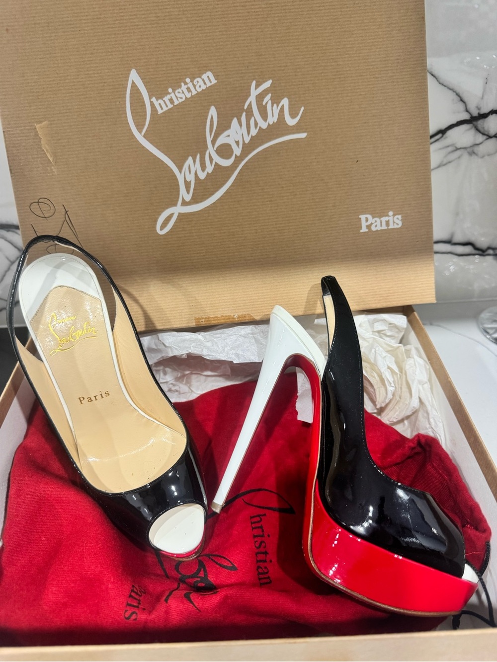 Christian Louboutin Black, White & Red Patent Leather Peep-Toe Slingbacks